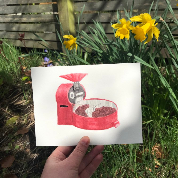 Watercolour illustration of a red cocoa roaster.